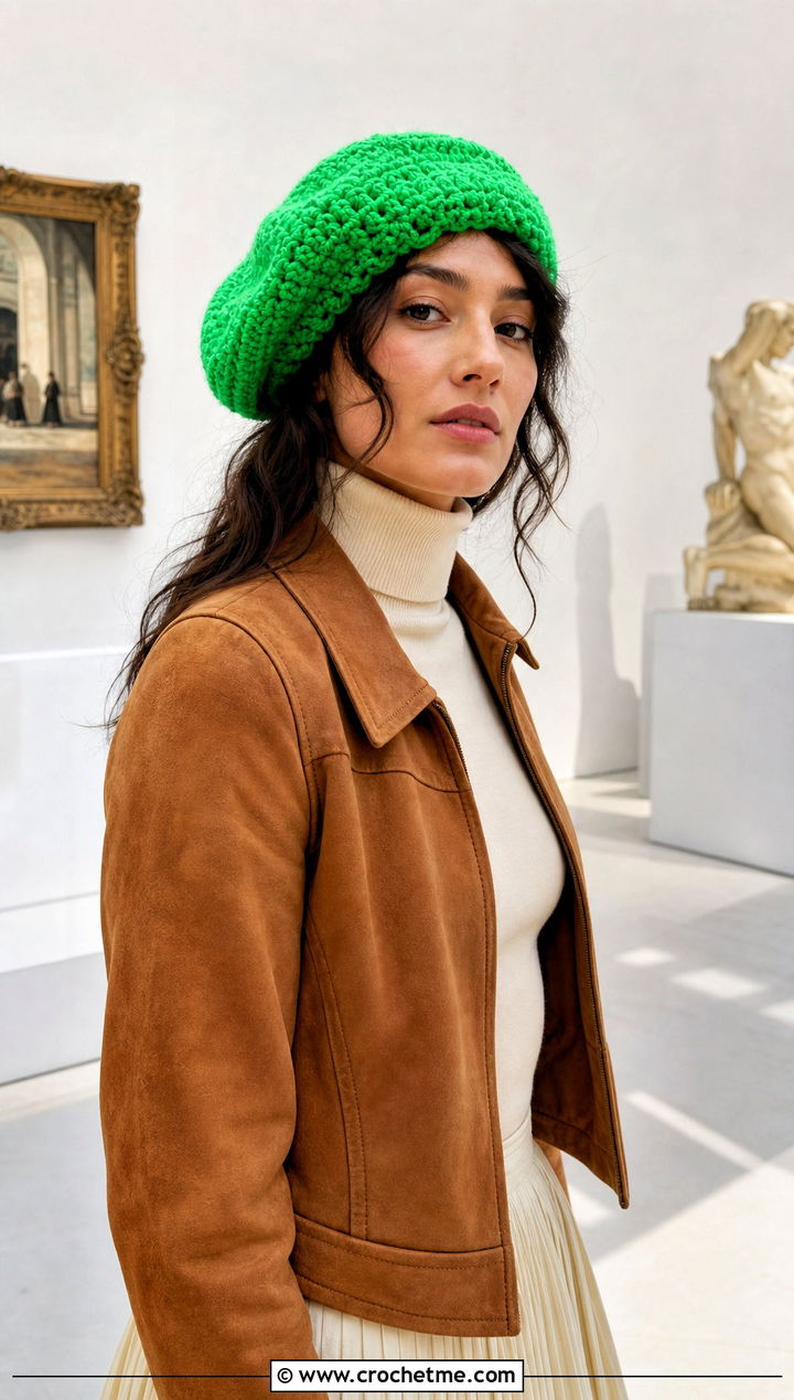 Tam Slouchy Crochet Hat With Pleated Midi Skirt - 15 Slouchy Crochet Hat outfit ideas