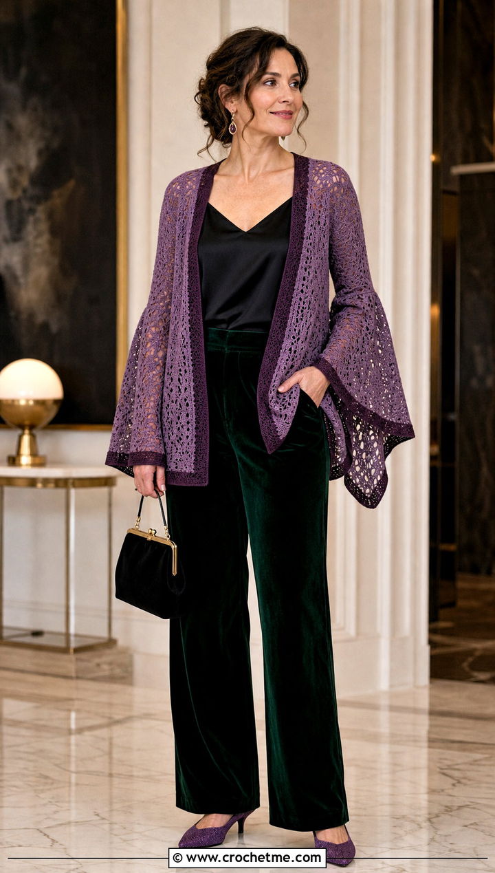 Tamayo Bell Sleeve Cardigan With Velvet Trousers - 35 Demon Slayer Crochet Cardigan outfit ideas
