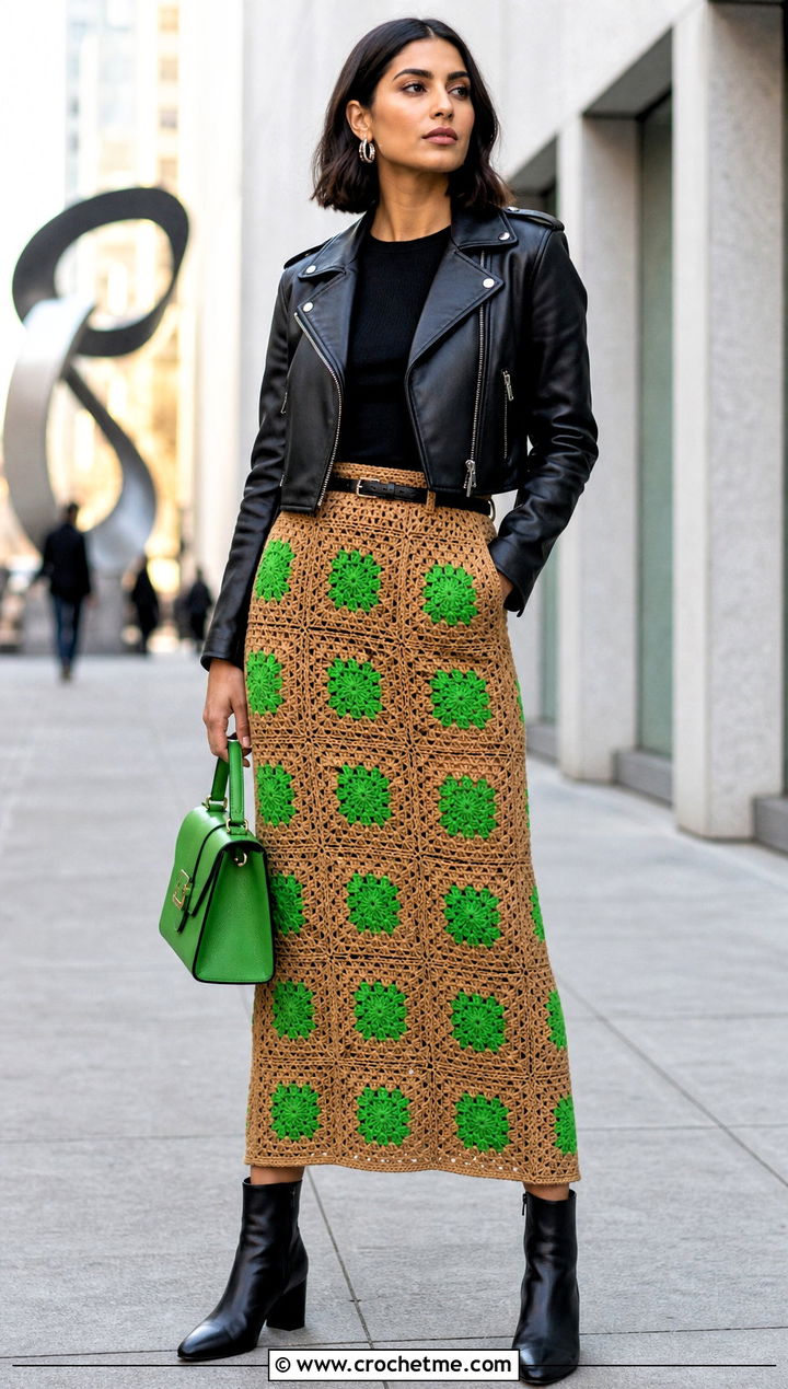 Tan Granny Square Skirt With Leather Jacket - 15 tan crochet skirt outfit ideas