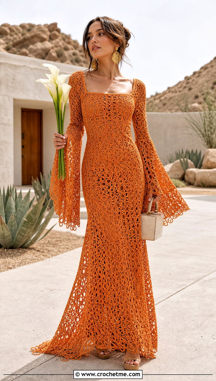 Tangerine Bell Sleeve Crochet Wedding Dress With Tan Platform Sandals - 15 long sleeve crochet wedding dress outfit ideas