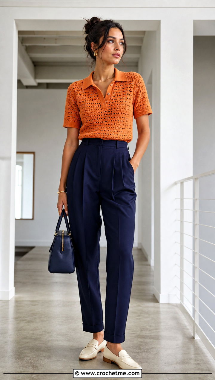 Tangerine Crochet Polo Shirt With Pleated Trousers - 15 stussy crochet shirt outfit ideas