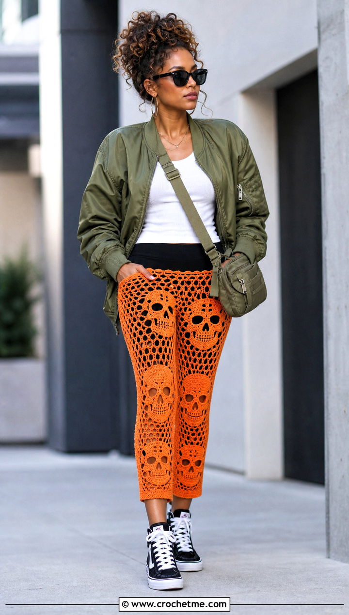 Tangerine Cropped Crochet Skull Pants With Bomber Jacket - 25 Crochet Skull Pants outfit ideas