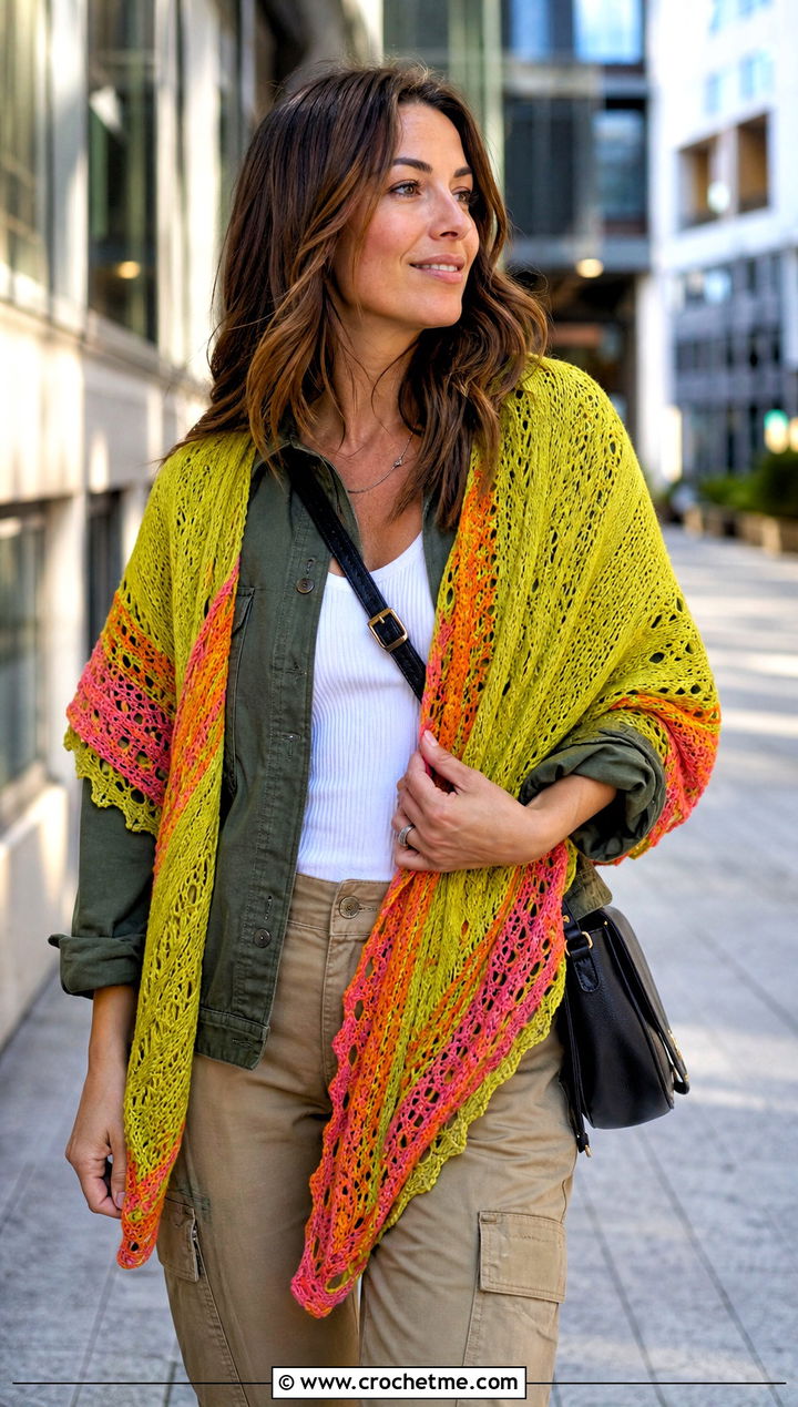 Tangerine Dream Shawl With Utility Jacket And Cargo Pants - 15 sophie digard crochet shawl outfit ideas