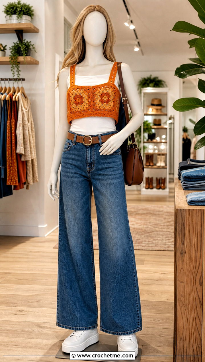 Tangerine Granny Square Crochet Crop Top With Wide Leg Jeans - 15 orange crochet top on mannequin outfit ideas