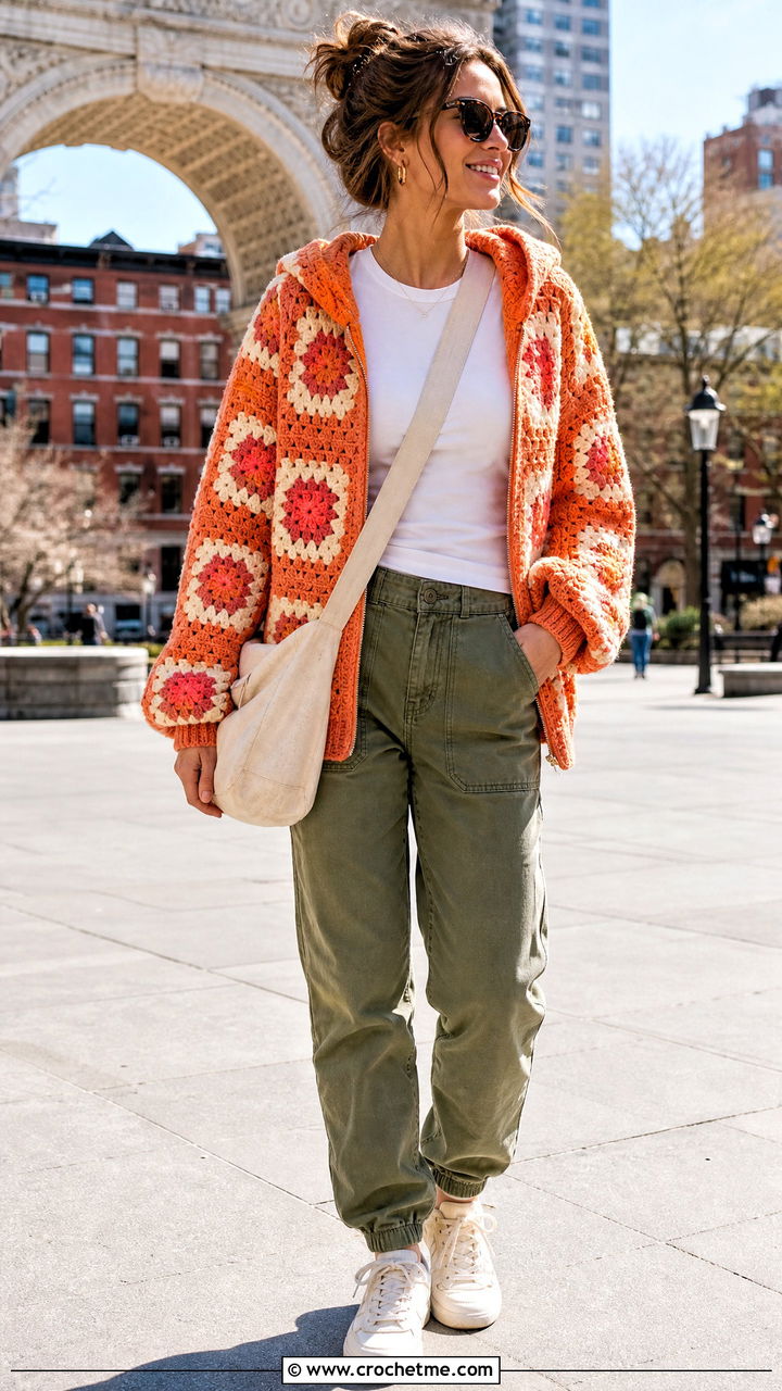 Tangerine Granny Square Hoodie With Utility Pants - 35 granny square hoodie outfit ideas
