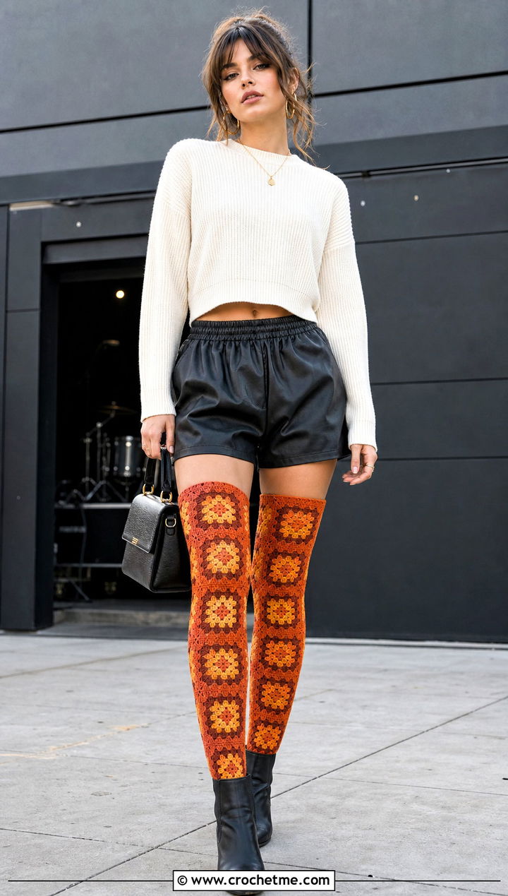 Tangerine Granny Square Thigh High Socks With Leather Shorts - 25 granny square thigh high socks outfit ideas