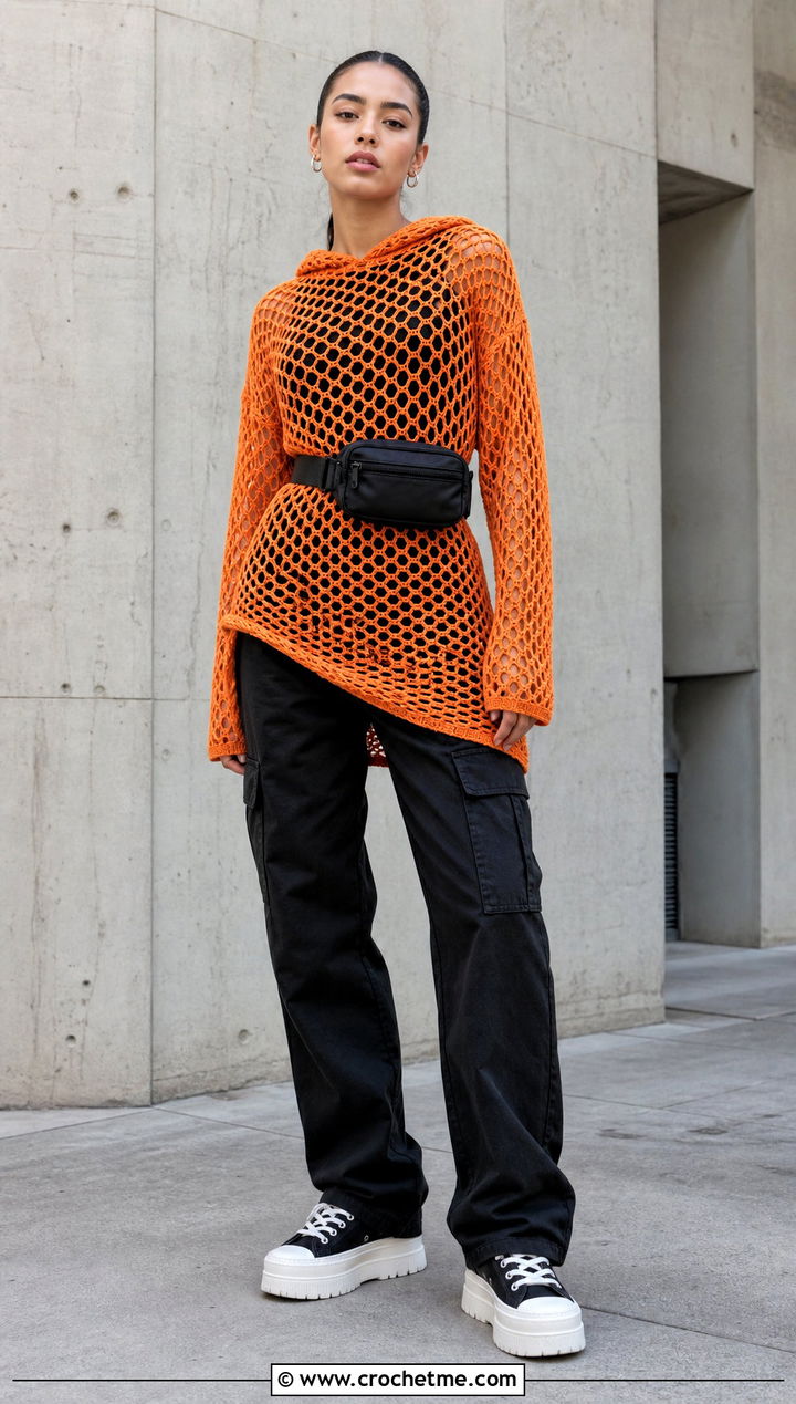 Tangerine Hooded Crochet Dress With Cargo Pants - 15 goth crochet dress outfit ideas