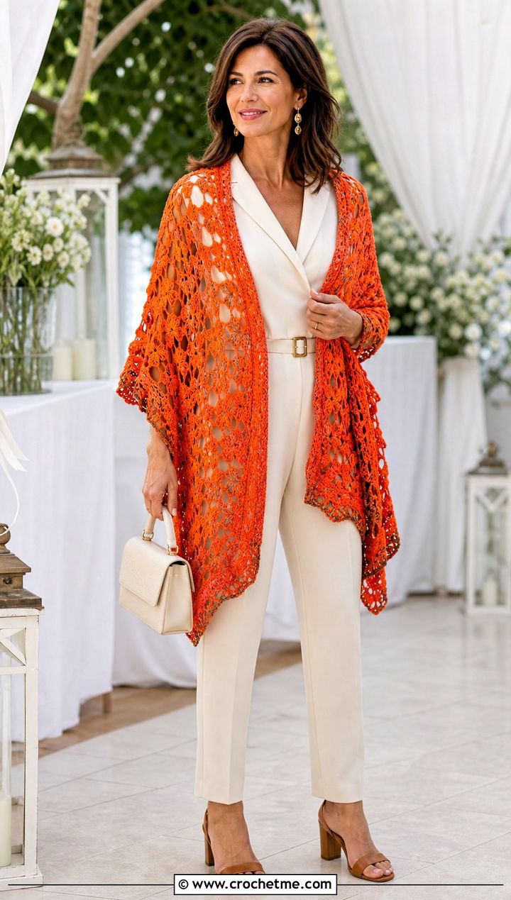 Tangerine Lost Souls Shawl With Cream Jumpsuit - 35 crochet lost souls shawl outfit ideas