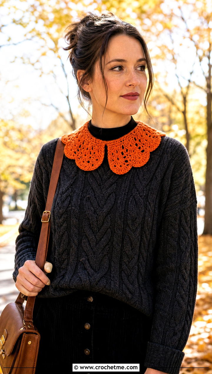 Tangerine Shell Stitch Crochet Collar With Cable Knit Sweater - 15 wednesday addams crochet collar outfit ideas