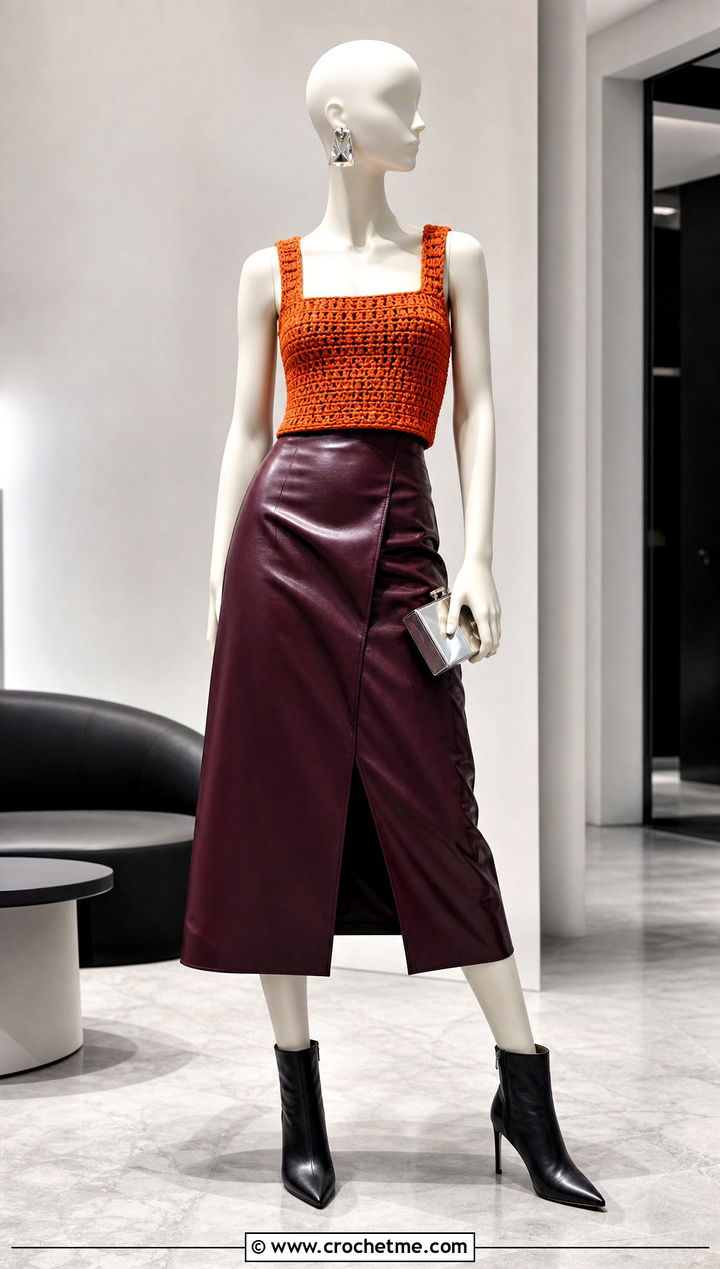 Tangerine Square Neck Crochet Top With Leather Midi Skirt - 15 orange crochet top on mannequin outfit ideas