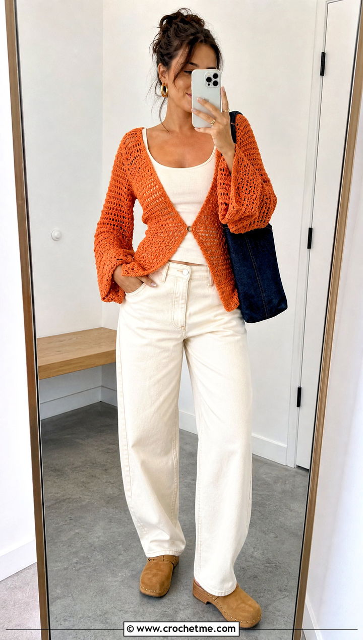 Tangerine Sunset Crochet Sweater With Ecru Barrel Jeans - 20 Sunset Crochet Sweater outfit ideas