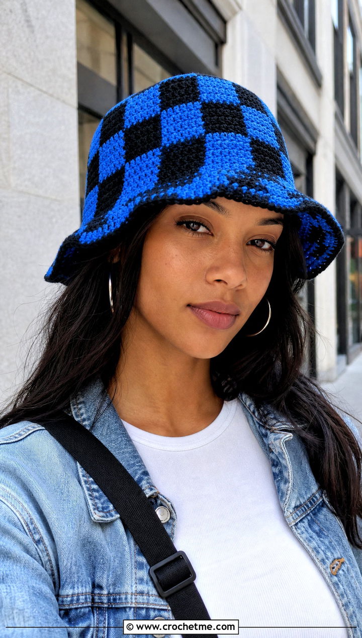 Tanjiro Checkerboard Bucket Hat With Denim Jacket - 25 Demon Slayer Crochet Hat outfit ideas
