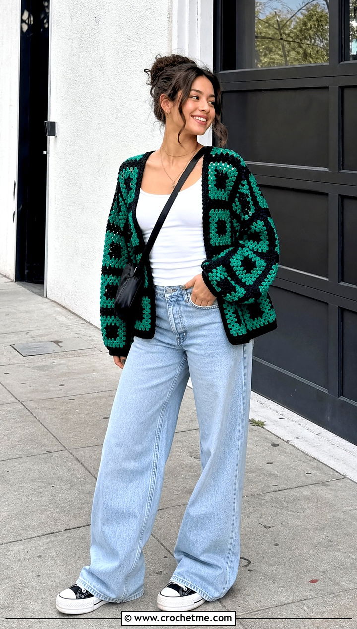 Tanjiro Checkered Granny Square Cardigan With Wide Leg Jeans - 35 Demon Slayer Crochet Cardigan outfit ideas