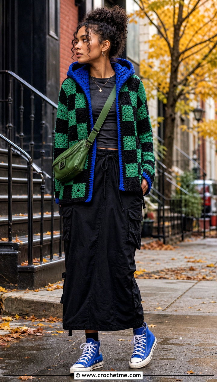 Tanjiro Hooded Check Cardigan With Cargo Maxi Skirt - 35 Demon Slayer Crochet Cardigan outfit ideas