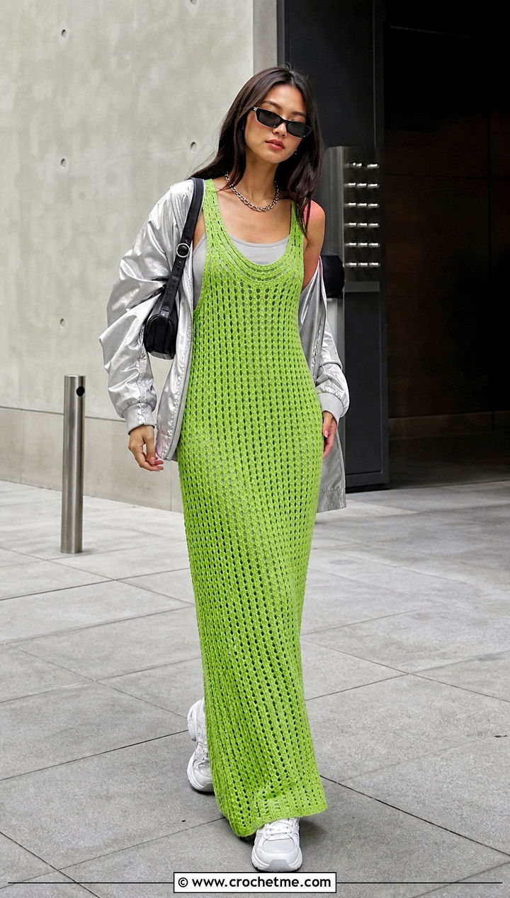 Tank Crochet Long Dress With Bomber Jacket - 35 crochet long dress outfit ideas
