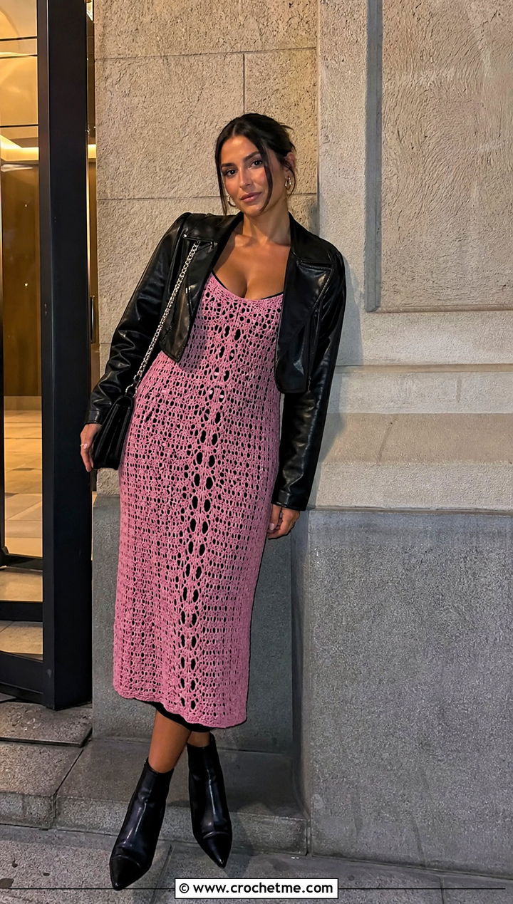 Tank Crochet Overlay Dress With Leather Jacket - 25 Crochet Overlay Dress outfit ideas