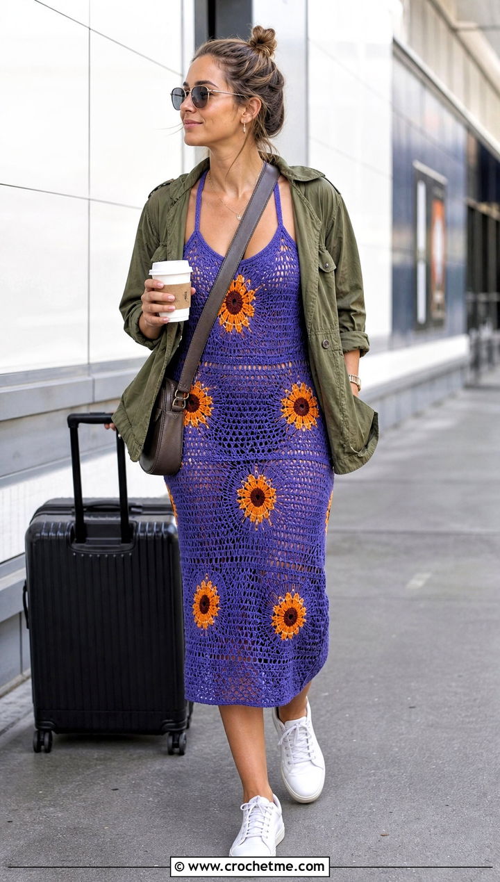 Tank Crochet Sunflower Dress With Utility Jacket - 35 crochet sunflower dress outfit ideas