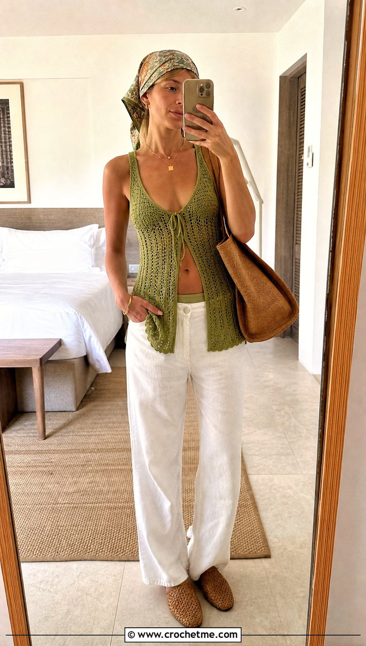 Tankini Crochet Bikini With Relaxed Jeans - 30 boho crochet bikinis outfit ideas