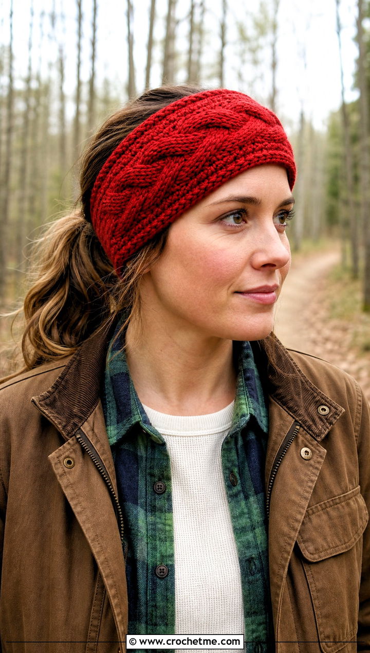 Tapered Cable Headband With Flannel Shirt and Corduroy Pants - 15 easy crochet cable headband earwarmer outfit ideas