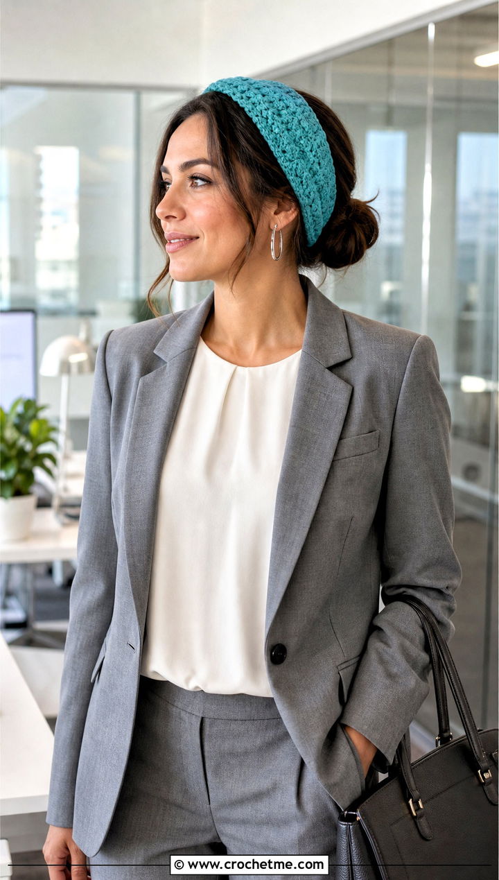 Tapered Cable Headband With Office Suit - 25 crochet cable headband outfit ideas