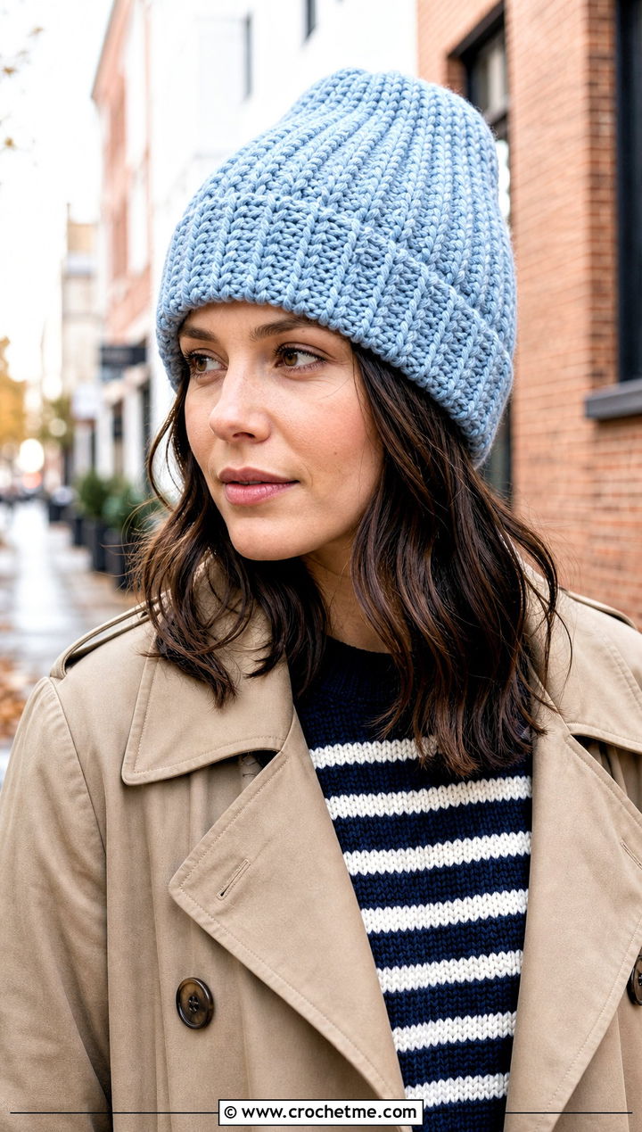 Tapered Chunky Ribbed Crochet Hat With Trench Coat - 25 Chunky Ribbed Crochet Hat outfit ideas