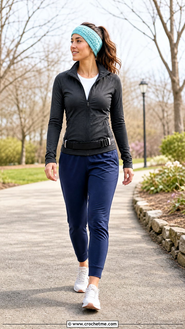 Tapered Crochet Ear Warmer With Running Jacket - 35 Easy Crochet Ear Warmer outfit ideas