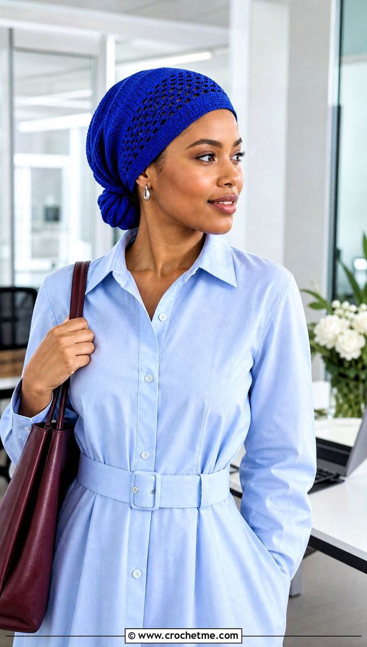 Tapered Crochet Headwrap With Shirt Dress - 35 crochet headwrap outfit ideas