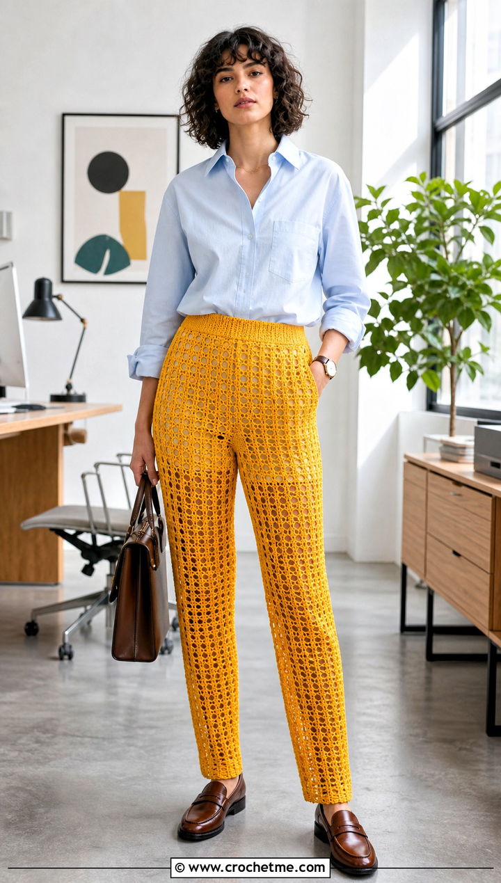 Tapered Crochet Mesh Pants With Oxford Shirt - 35 crochet mesh pants outfit ideas