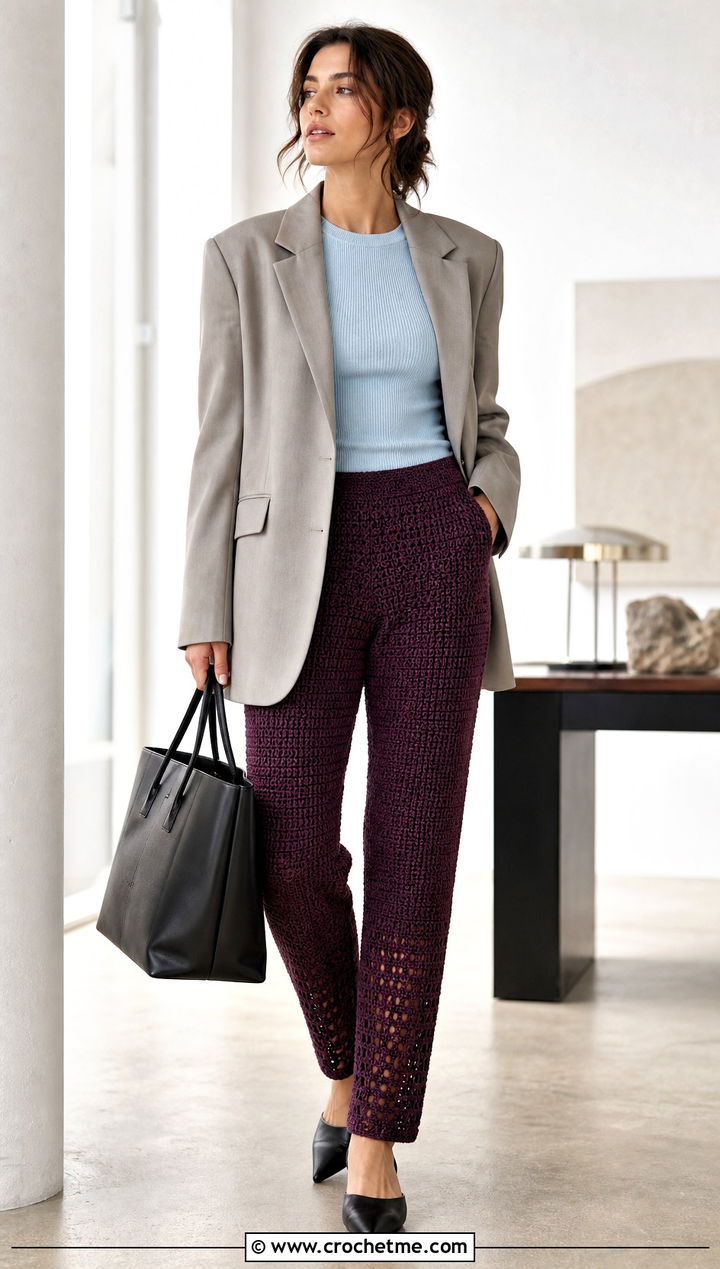 Tapered Crochet Pants With Oversized Blazer - 25 women crocheted pants outfit ideas