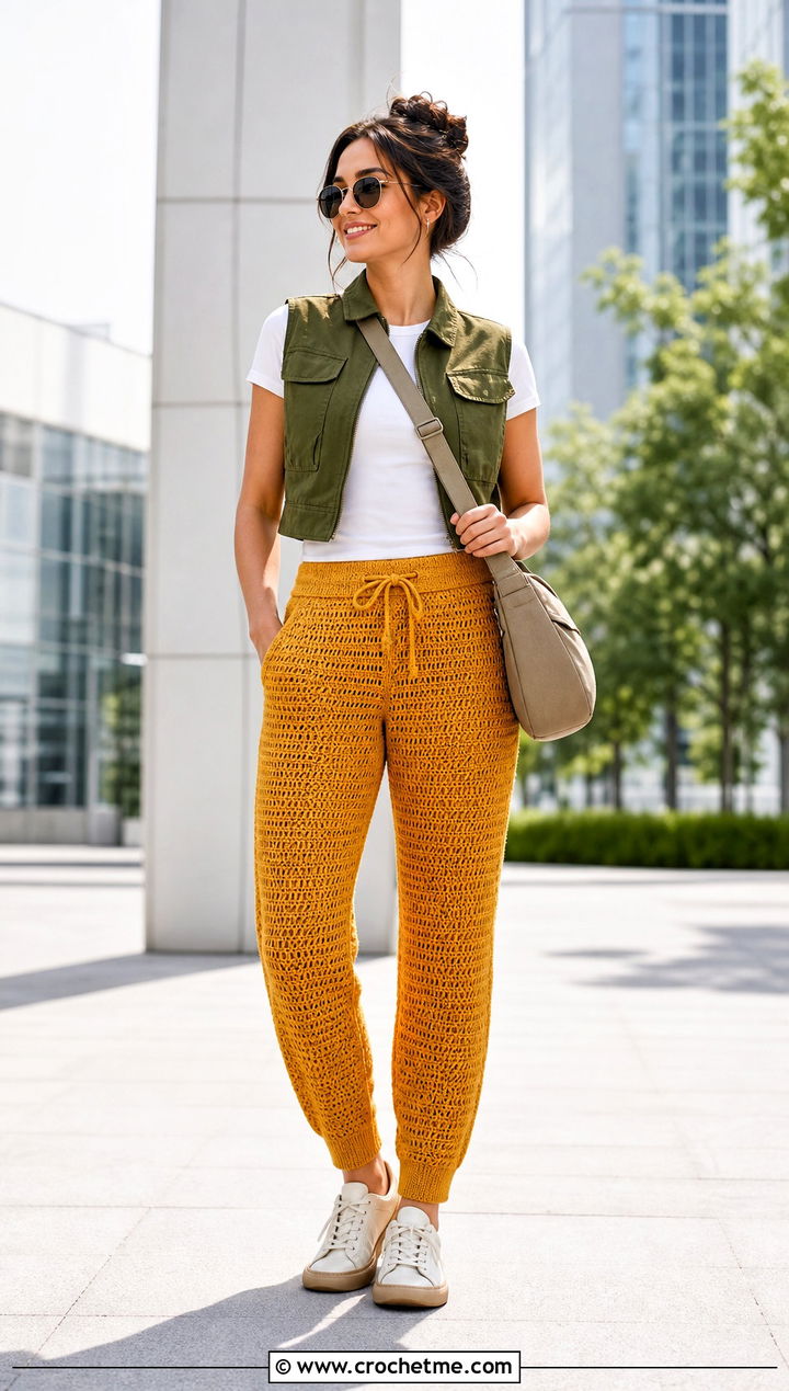 Tapered Crochet Pants With Utility Vest - 30 Crochet Pant Outfit ideas