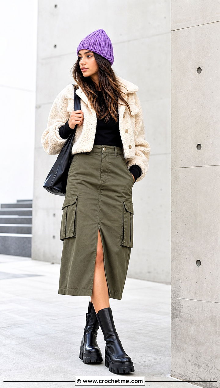 Tapered Crochet Ribbed Beanie With Teddy Jacket And Cargo Skirt - 35 crochet ribbed beanie outfit ideas