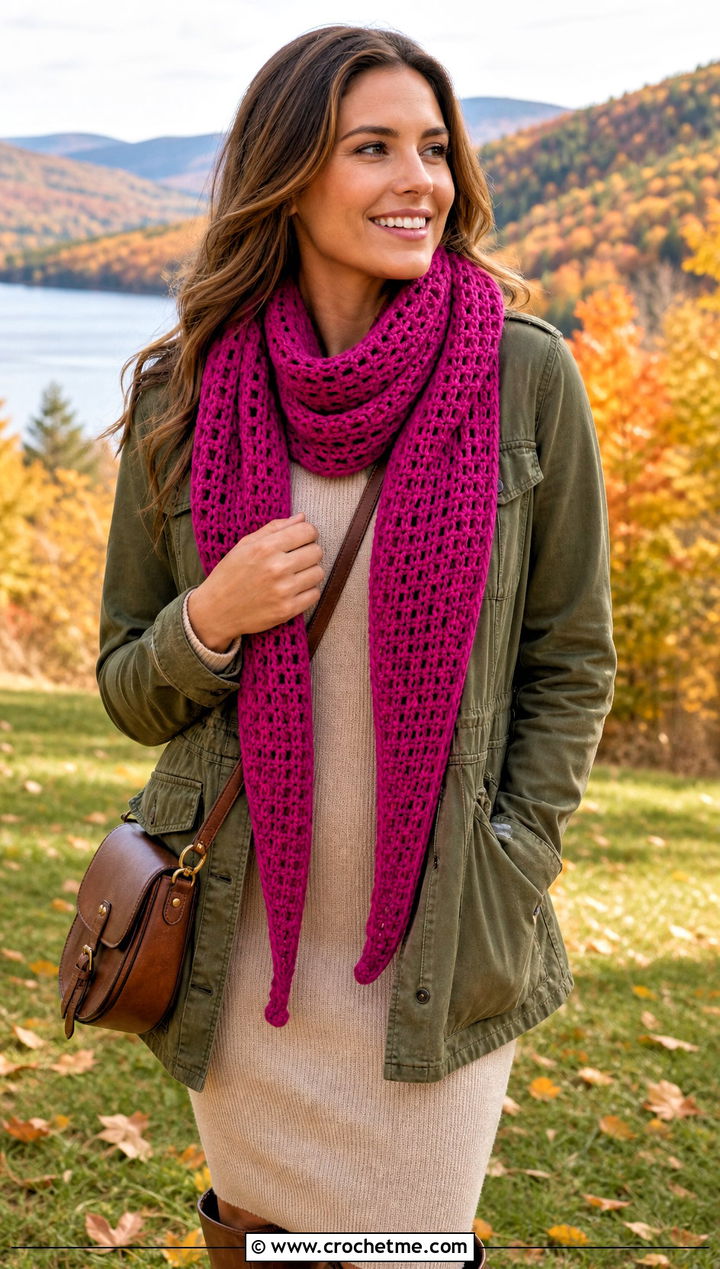 Tapered Crochet Scarf With Field Jacket - 30 bulky crochet scarf outfit ideas