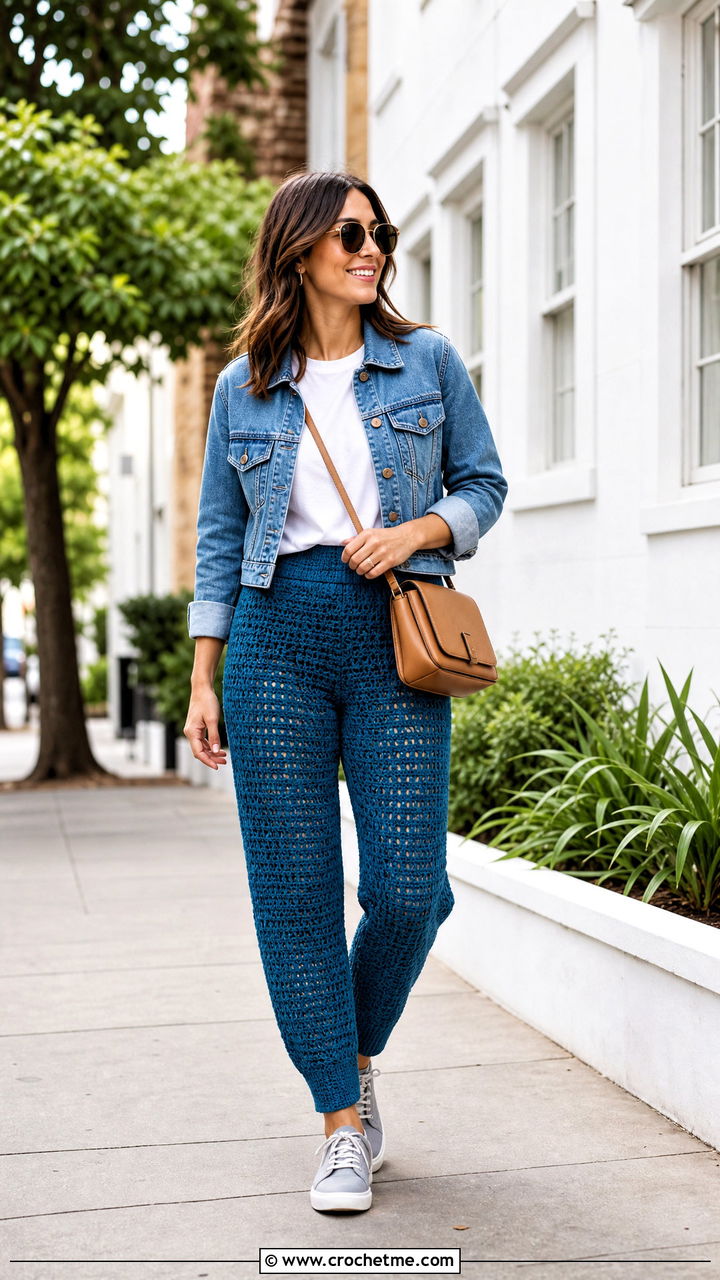 Tapered Crochet Trousers With Denim Jacket - 35 crochet trousers outfit ideas