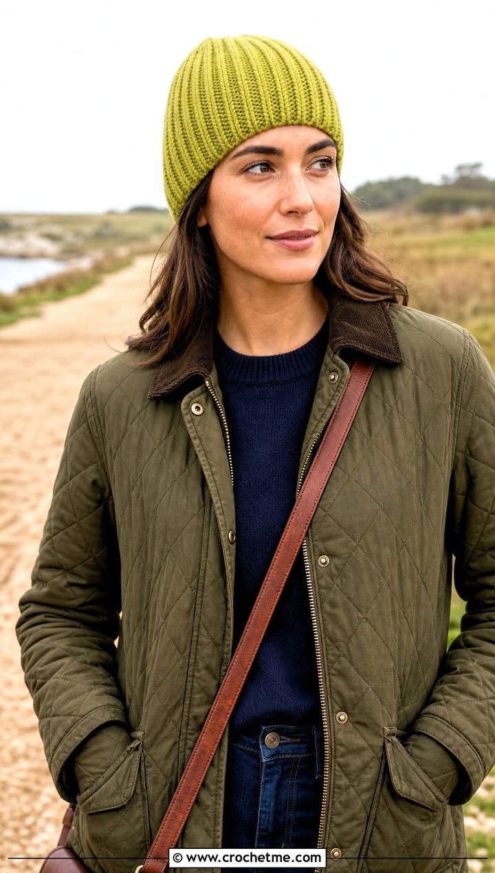 Tapered Crown Crochet Ribbed Beanie With Barn Jacket - 20 Easy Crochet Ribbed Hat outfit ideas