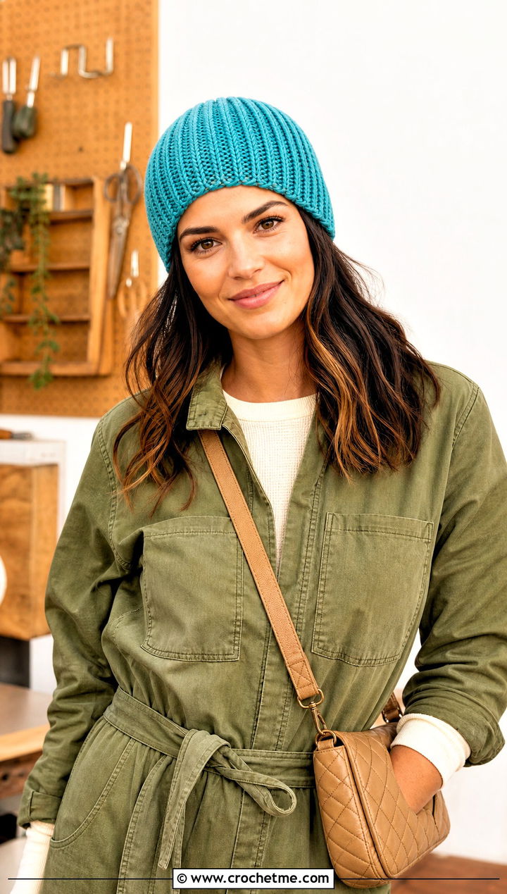 Tapered Crown Crochet Ribbed Beanie With Utility Jumpsuit - 20 easy crochet ribbed beanie outfit ideas