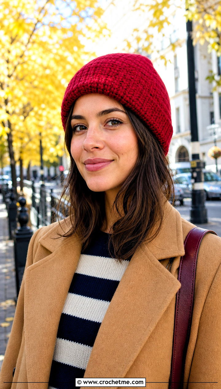 Tapered Crown Crochet Short Row Beanie With Camel Coat - 20 Crochet Short Row Beanie outfit ideas