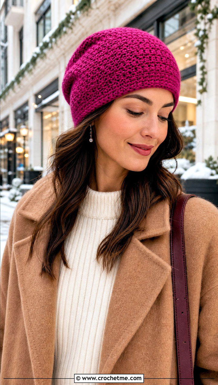 Tapered Double Crochet Slouch Hat With Sweater Dress - 30 double crochet hat outfit ideas