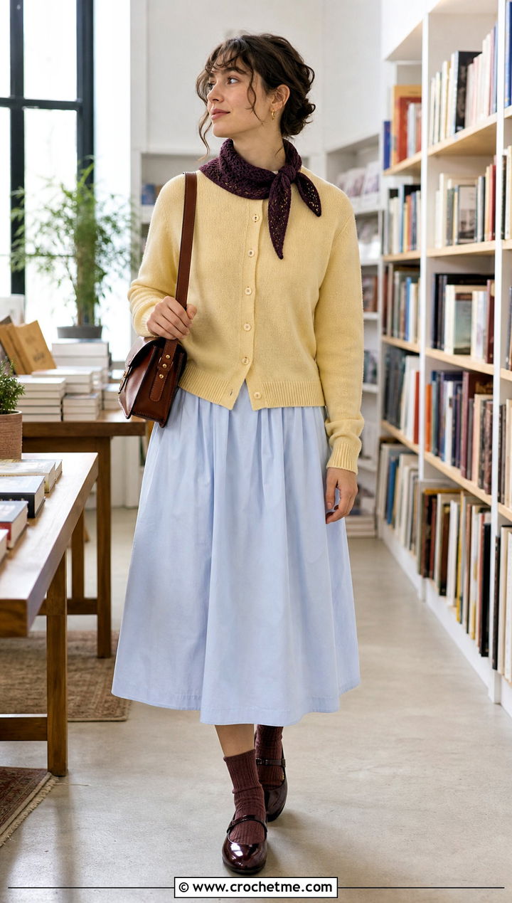 Tapered End Crochet Scarf With Cardigan - 35 fall crochet scarf outfit ideas