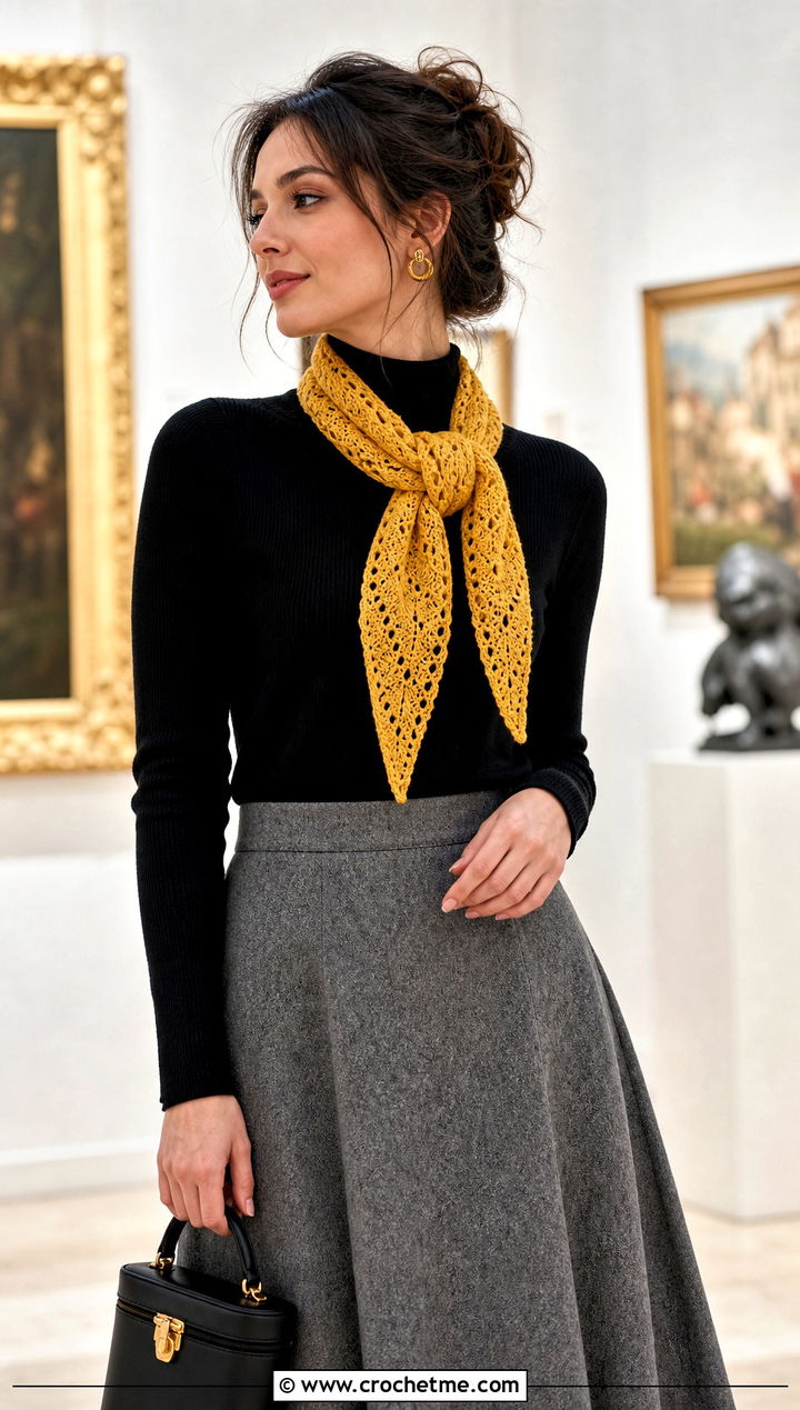 Tapered End Crochet Scarf With Midi Skirt - 25 Wednesday Crochet Scarf outfit ideas