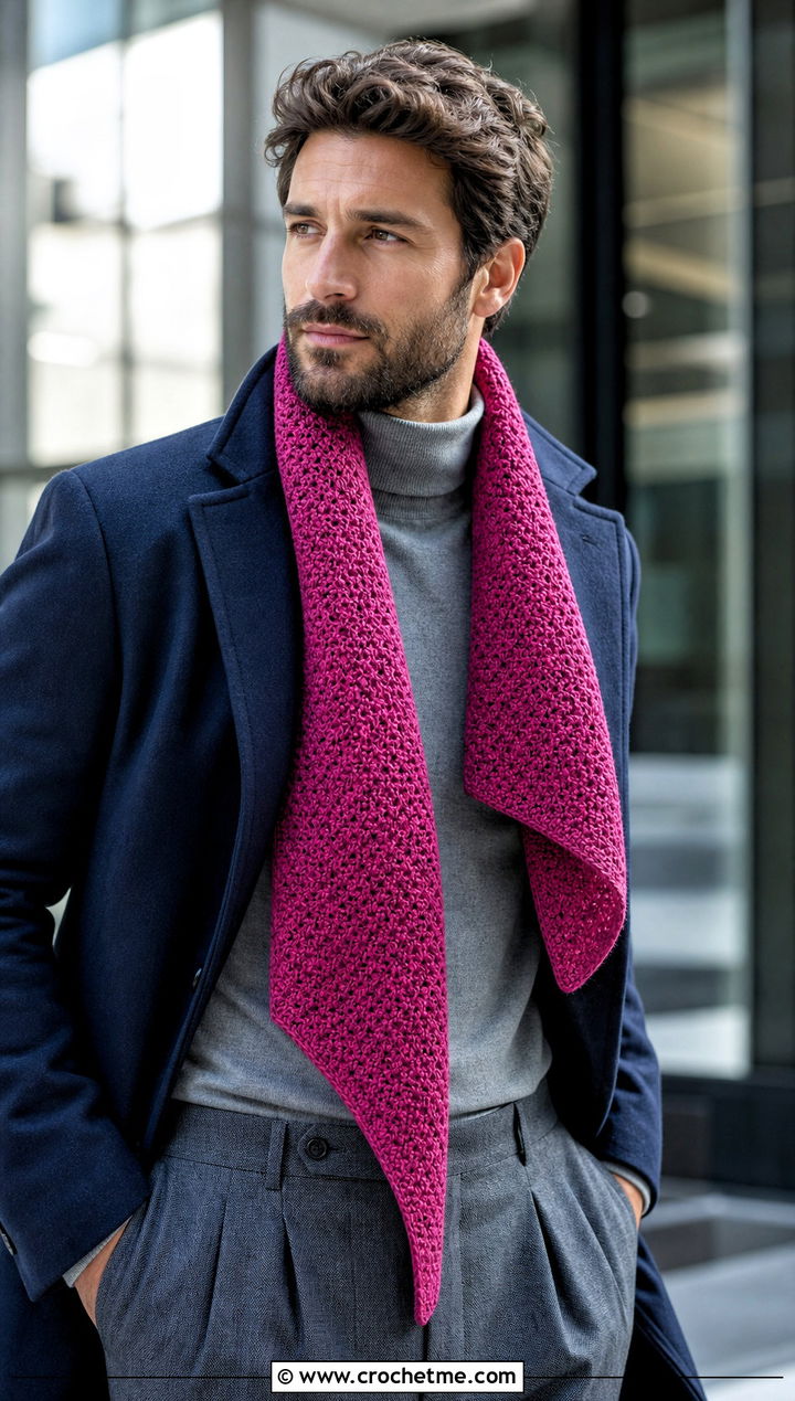 Tapered End Crochet Scarf With Topcoat - 30 crochet scarf ideas for men