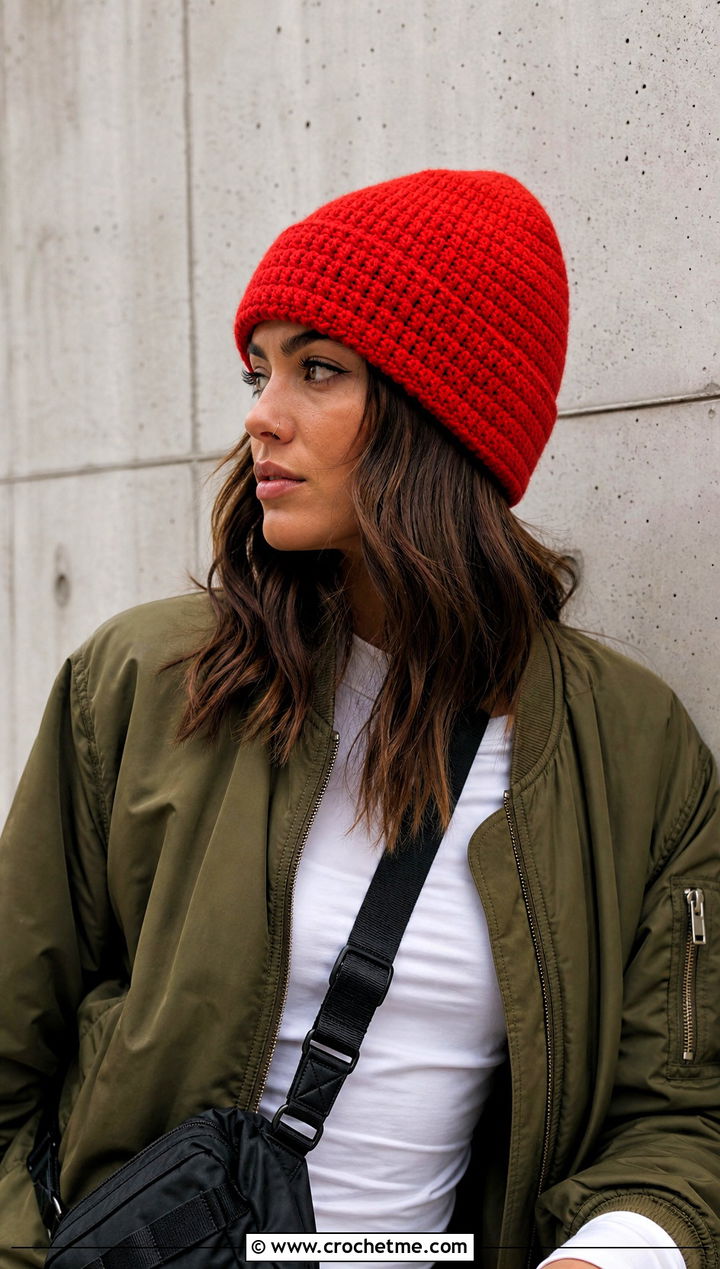 Tapered HDC Crochet Beanie With Bomber Jacket And Cargo Pants - 20 hdc crochet beanie outfit ideas
