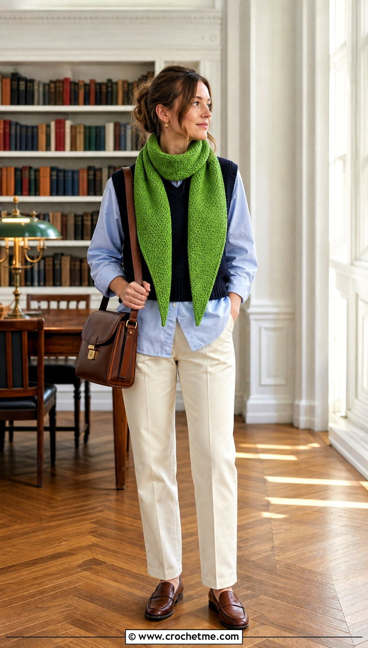 Tapered Moss Stitch Scarf With Sweater Vest And Button Down Shirt - 35 crochet moss stitch scarf outfit ideas