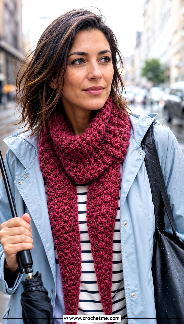 Tapered Popcorn Crochet Scarf With Raincoat - 25 Popcorn Crochet Scarf outfit ideas
