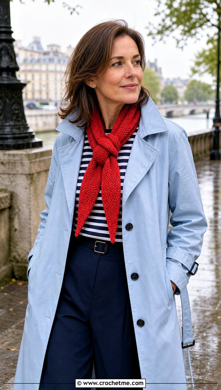 Tapered Ribbed Crochet Scarf With Raincoat - 20 Ribbed Crochet Scarf outfit ideas