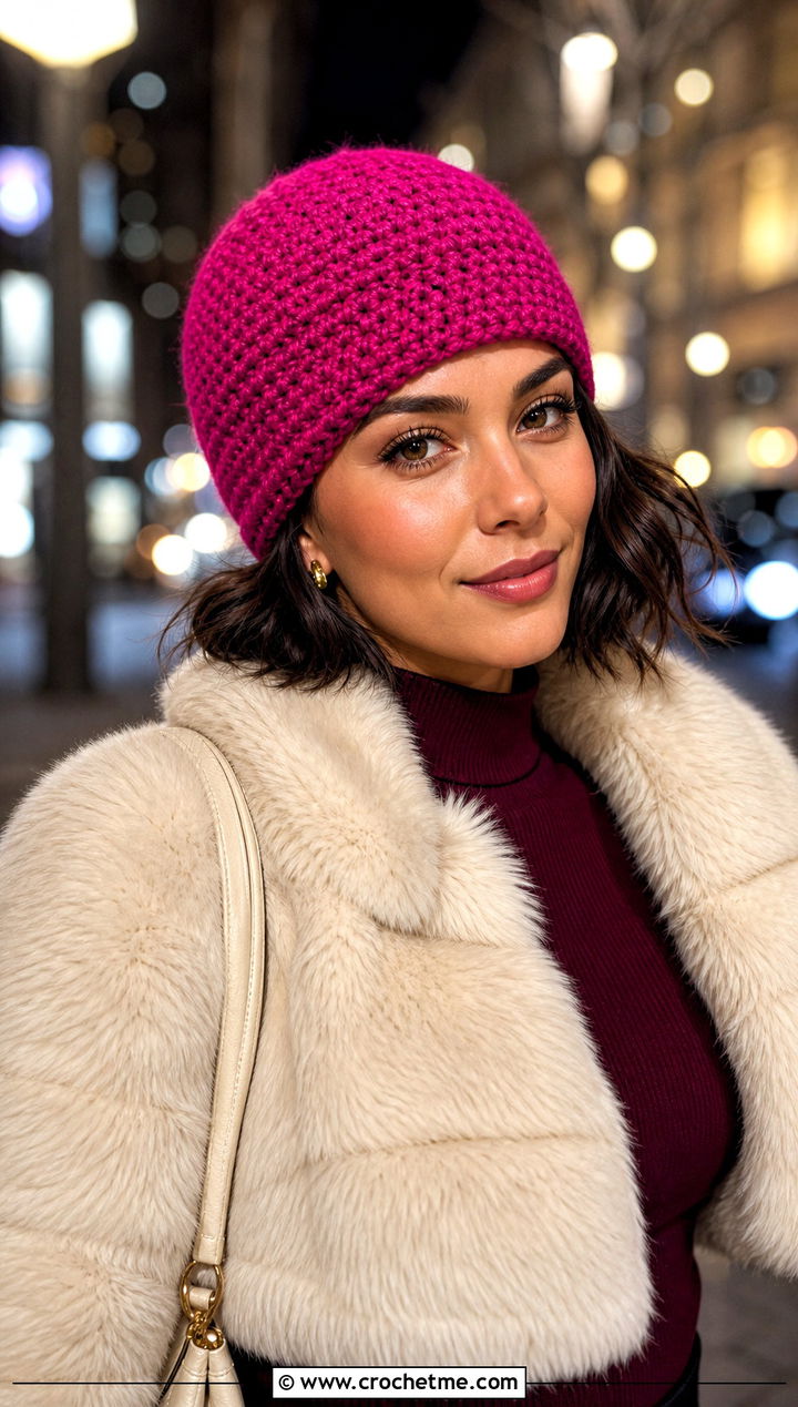 Tapered Short Row Crochet Beanie With Faux Fur Jacket - 25 short row crochet hat outfit ideas