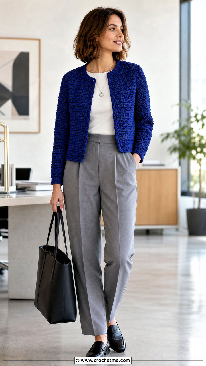Tapered Sleeve Crochet Bog Jacket With Pleated Pants - 35 Crochet Bog Jacket outfit ideas