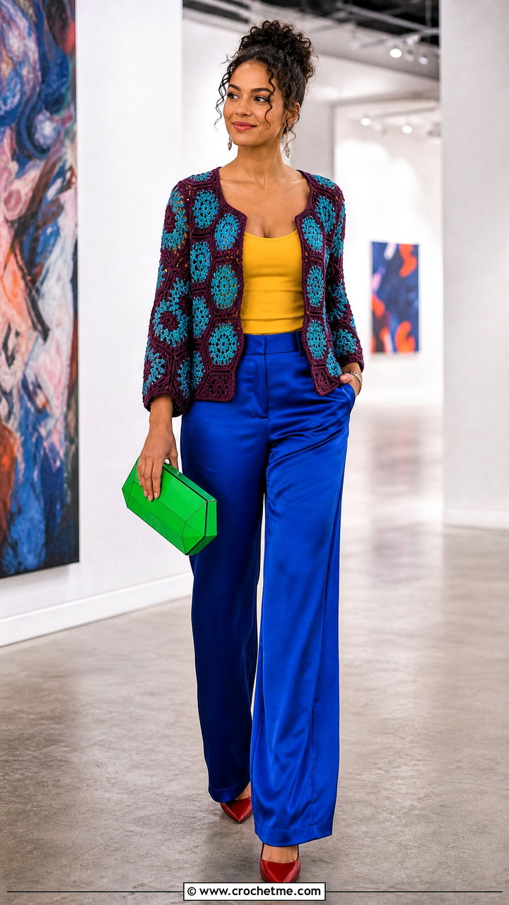 Tapered Sleeve Hexagon Cardigan With Satin Trousers - 35 crochet hexagon cardigan outfit ideas