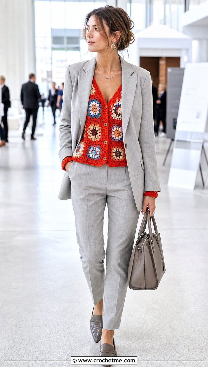 Tapered Sleeve Hexagon Granny Square Cardigan With Suit - 35 hexagon granny square sweater outfit ideas