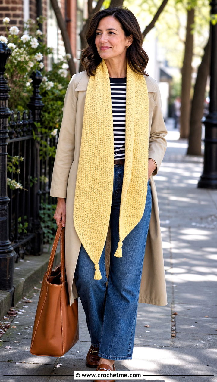 Tapered Tassel Crochet Scarf With Trench Coat and Loafers - 15 Light Crochet Scarf outfit ideas