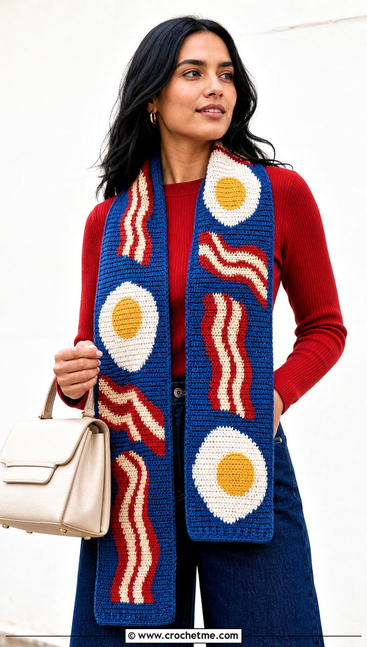 Tapestry Bacon And Eggs Scarf With Wide Leg Jeans - 20 Crochet Bacon And Eggs Scarf outfit ideas